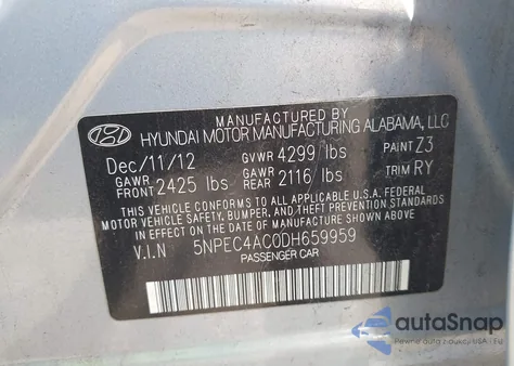 2013 Hyundai Sonata Se from USA, damaged, VIN 5NPEC4AC0DH659959